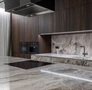 Interior design of spacious stylish modern kitchen with induction stove and air extraction system with wooden cupboards