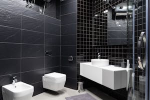 Interior design of modern bathroom with sink and bidet with mirror and decorated with black tile