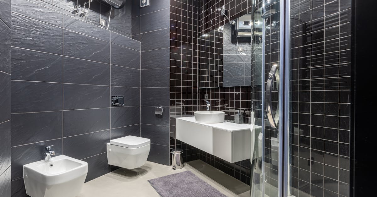 Interior design of modern bathroom with shower and bidet decorated with black tile