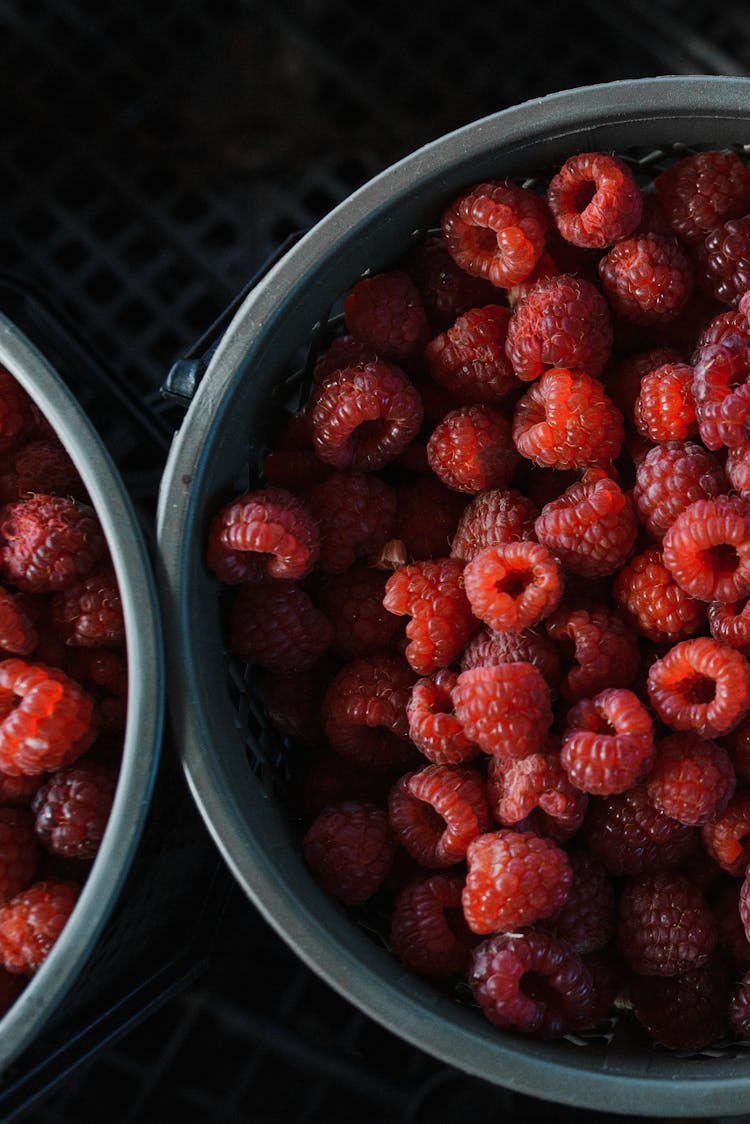 Overhead Shot Of Raspberries In A Bowl