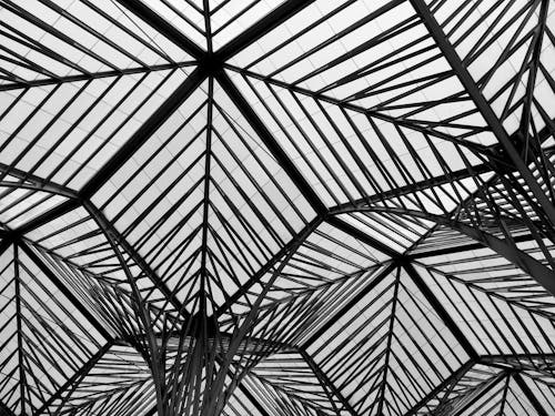 Monochrome Photo of a Roof with Metal Frames