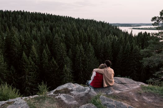 A couple sitting on a cliff, embracing while overlooking a dense forest and lake.