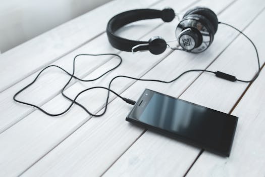 Close-up of smartphone connected to headphones on a white wooden desk. Ideal for tech or music themes.