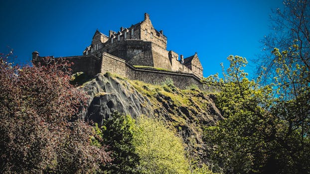 Iconic Edinburgh Castle atop Castle Rock under a clear blue sky, surrounded by lush greenery.