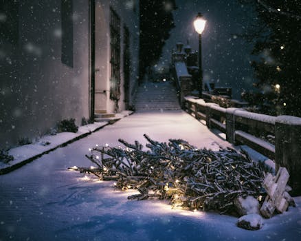 Snow-covered path in Traunkirchen with glowing Christmas tree at night, creating a cozy winter scene.