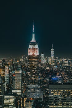 Breathtaking night cityscape featuring the iconic Empire State Building in New York City.