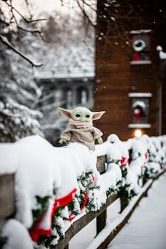 Adorable Yoda toy perches on snowy railing amidst a festive, wintry backdrop.