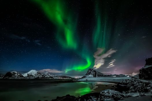 Stunning view of the Northern Lights over snow-covered mountains and a starry sky in Nordland, Norway.