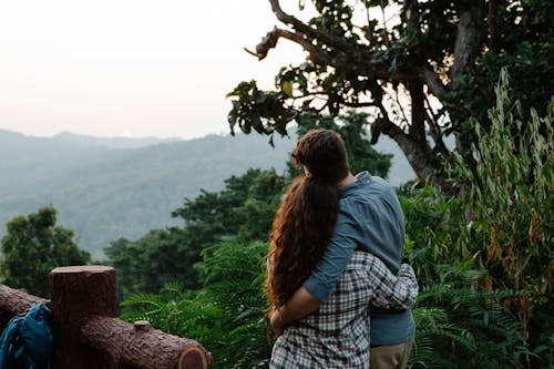 Homme Et Femme Debout Sur Un Arbre Brun En Regardant Les Montagnes Vertes