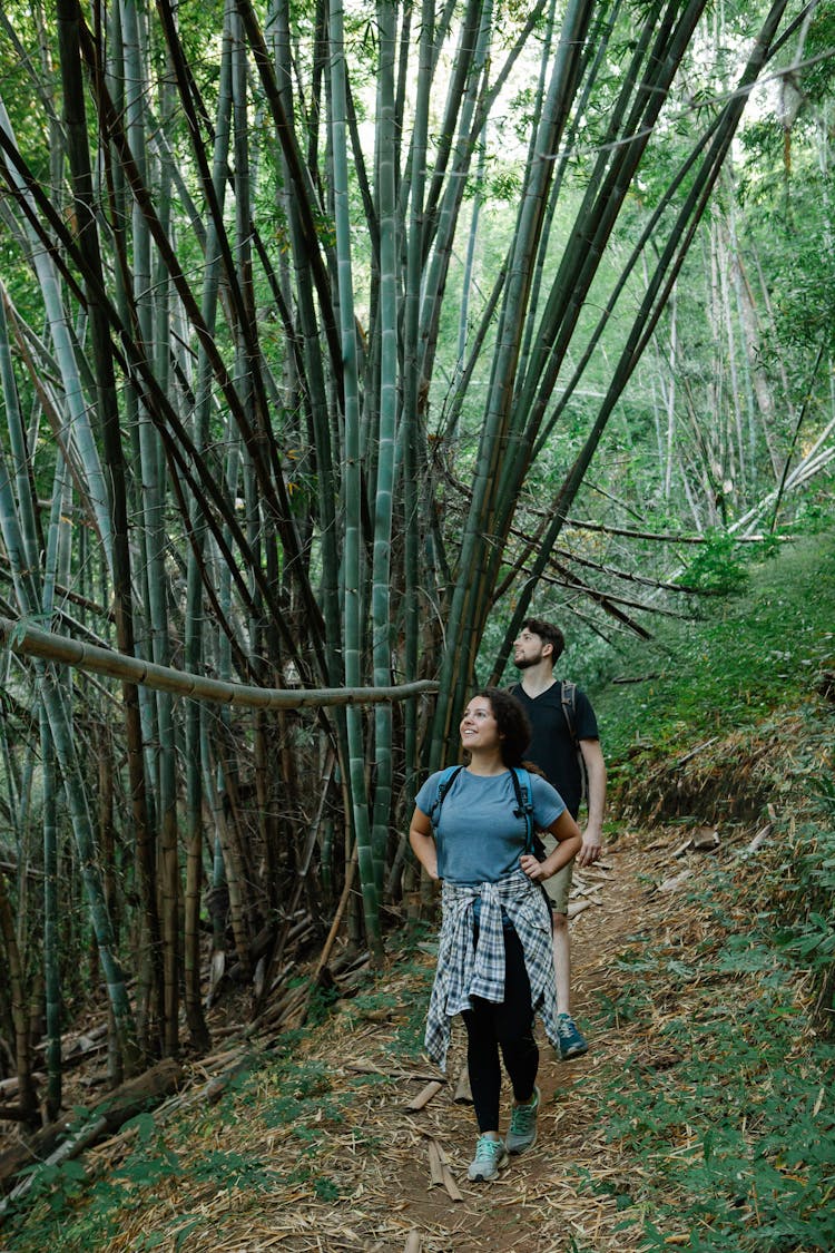 Positive Young Couple Enjoying Nature During Hiking In Jungle