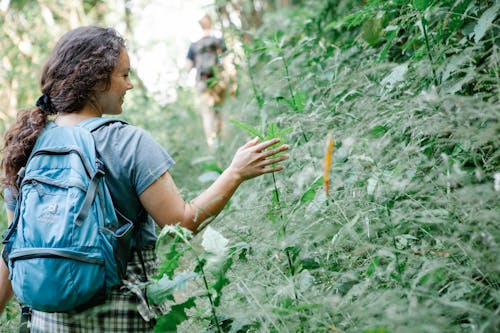 Cheerful young female hiker smiling and touching plants in jungle