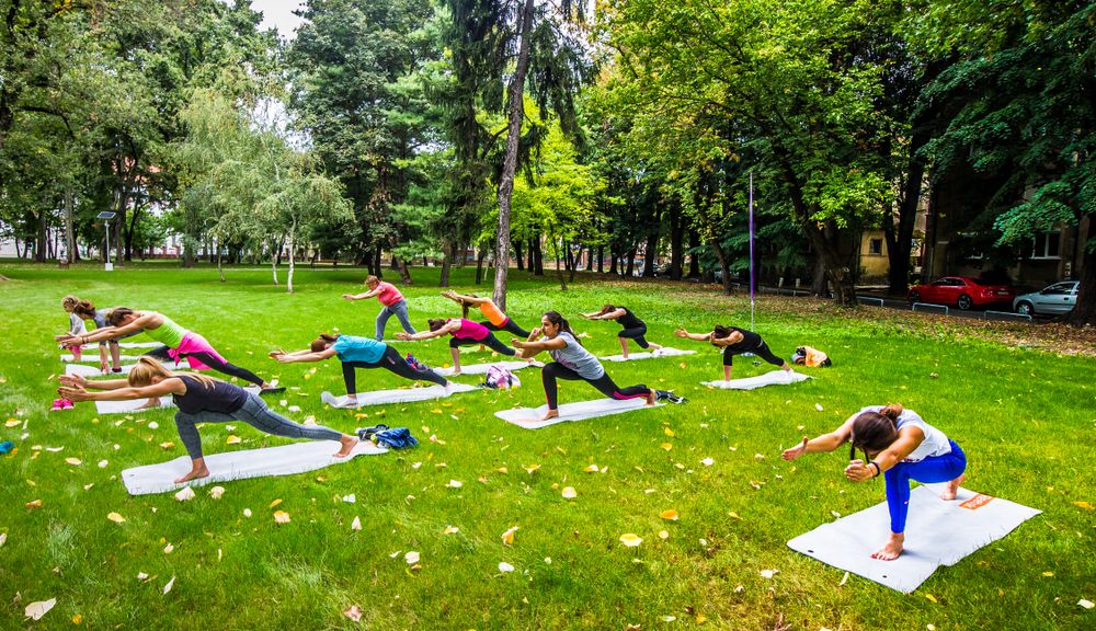 Group practising yoga together on a grass field