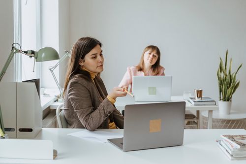 Free Two women working together in a modern office setting, using laptops and discussing ideas. Stock Photo