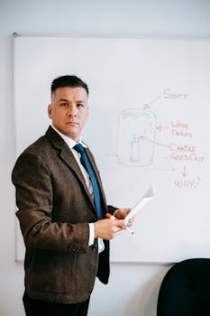 Man in formal attire presenting a scientific diagram on a whiteboard.