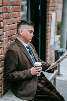 A stylish businessman reads a newspaper and enjoys coffee while sitting against a brick wall.