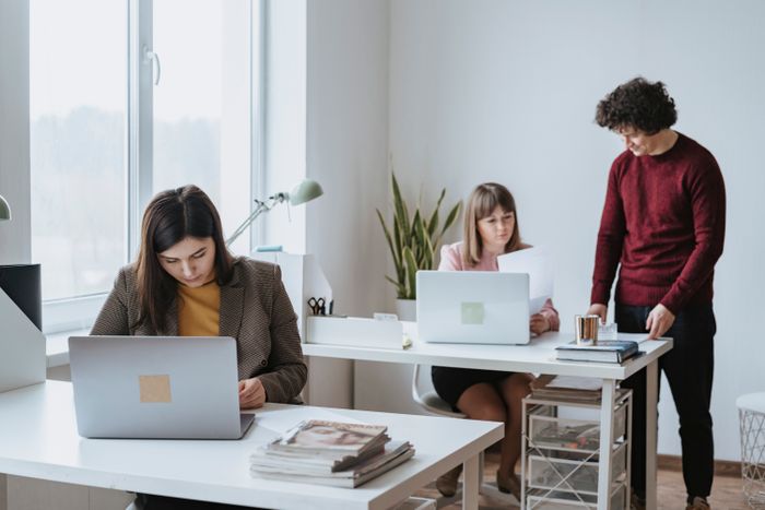 People working at standing desks in a light studio, photo by olia danilevich on Pexels