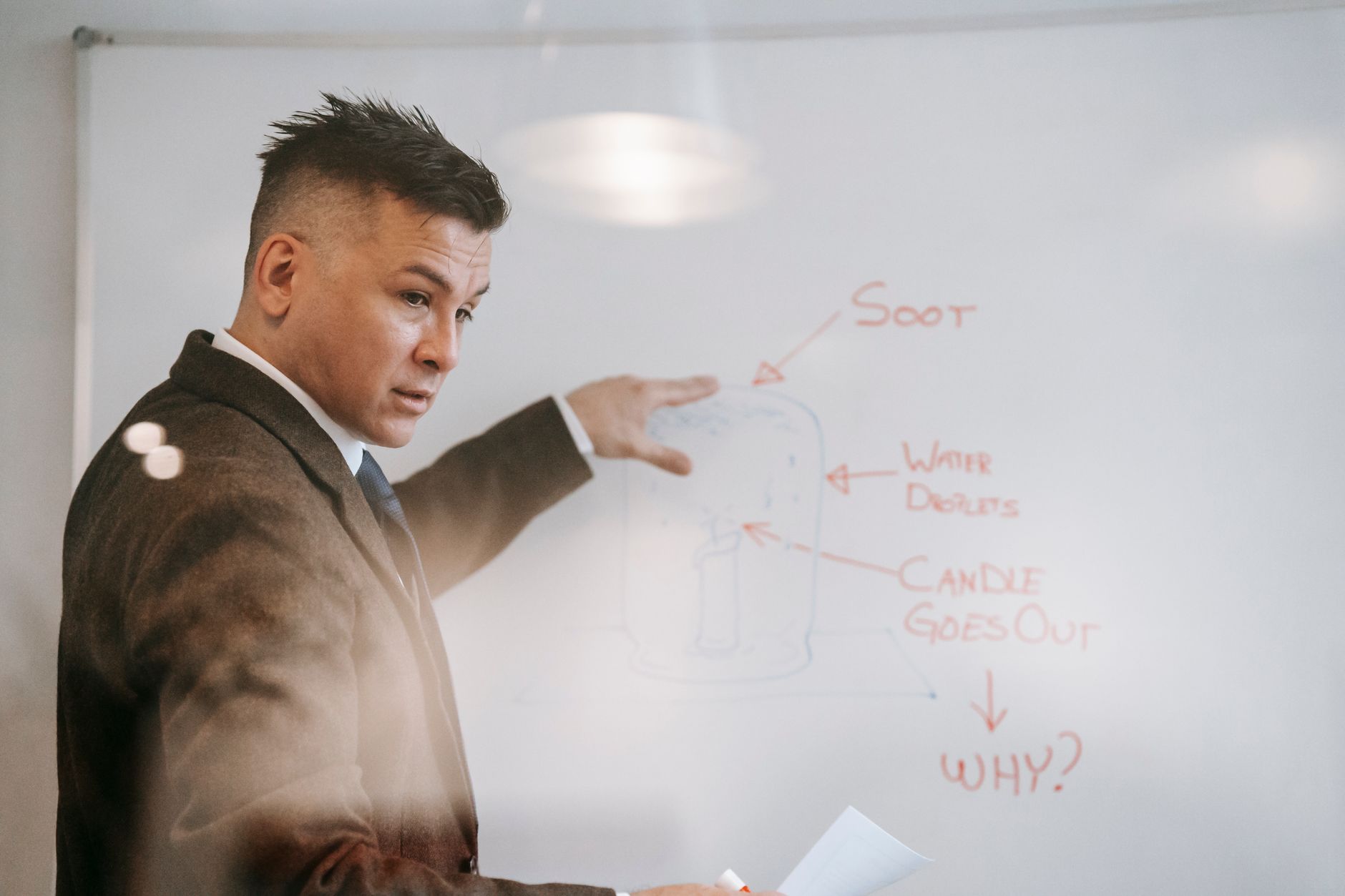 A professional man in formal attire teaching a science lesson on a whiteboard in an indoor setting.