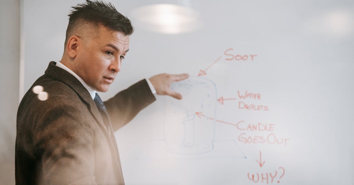 A professional man in formal attire teaching a science lesson on a whiteboard in an indoor setting.