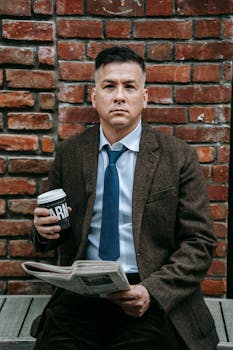 Serious man in a coat sits against a brick wall holding coffee and a newspaper.