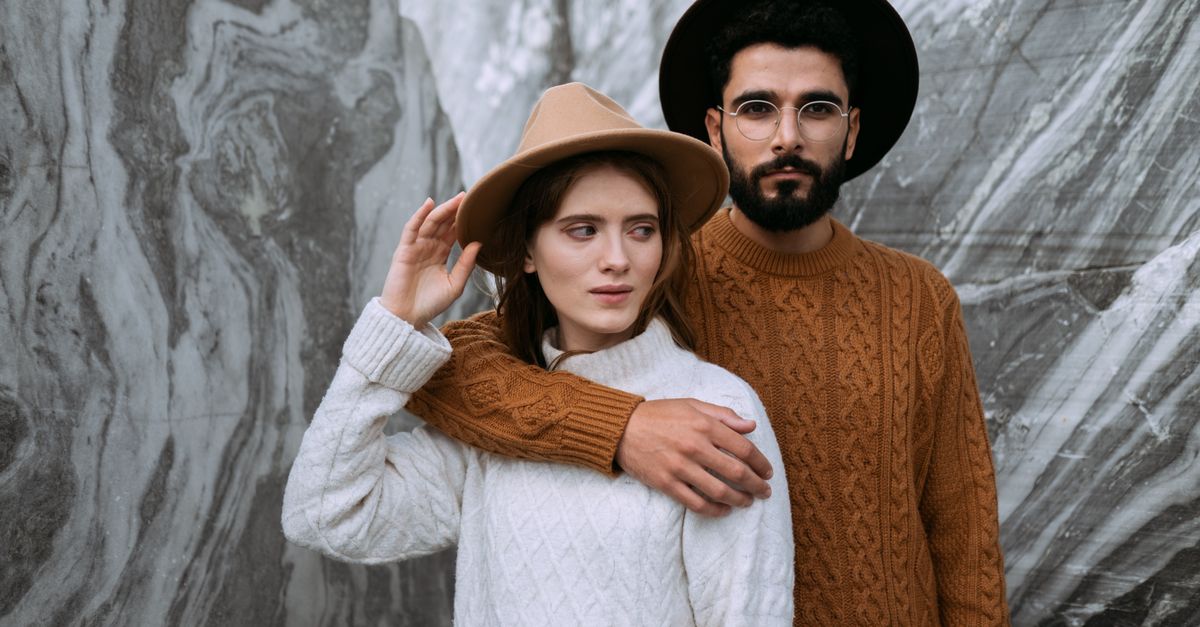 Hugging Sweater Man in Brown Knitted Sweater Hugging Woman in White Sweater · Free ...