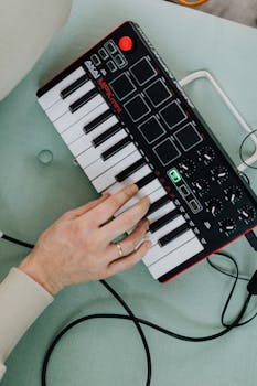 Person's hand playing on a MIDI keyboard controller from a top view in a modern studio setting.