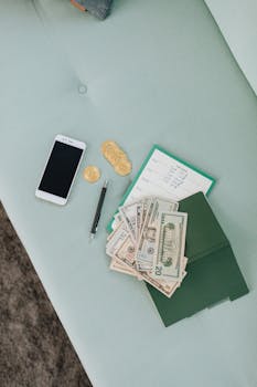 Flat lay of money, phone, and notebook on a mint sofa. Perfect for finance and budgeting themes.