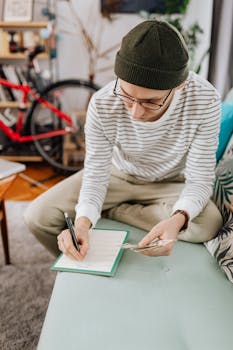 A man wearing a beanie and glasses writes finance notes at home.