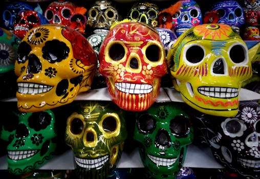 Vibrant ceramic skulls celebrating Day of the Dead in Tijuana, Mexico.