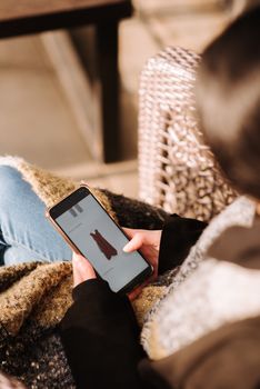 High angle of unrecognizable female sitting in armchair and choosing clothes in internet shop using mobile phone