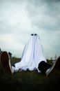 Child in ghost costume sitting in park