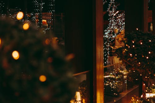 Christmas Decorations Reflection on Glass Panels