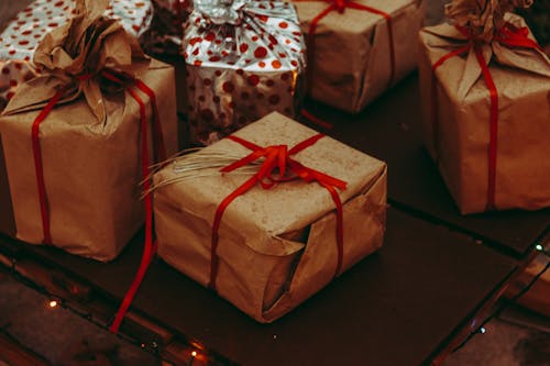 Free Brown Gift Boxes with Red Ribbon Stock Photo