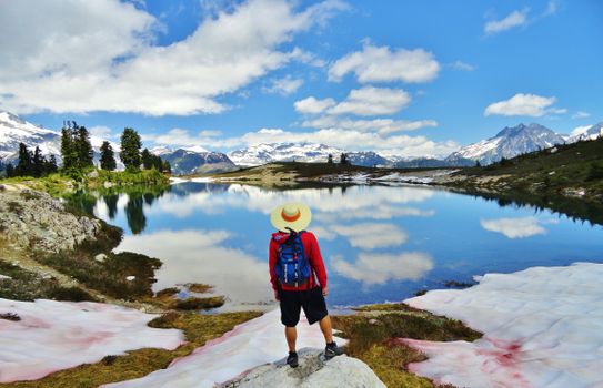 A hiker enjoys a stunning view of a pristine mountain lake surrounded by snowy peaks and clear blue skies in Whistler, BC.