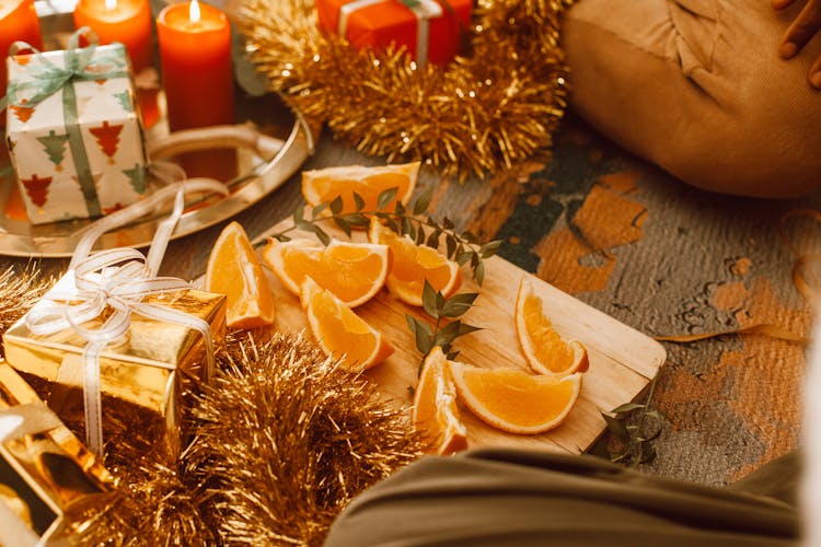 Slices Of Orange Fruit On A Wooden Tray