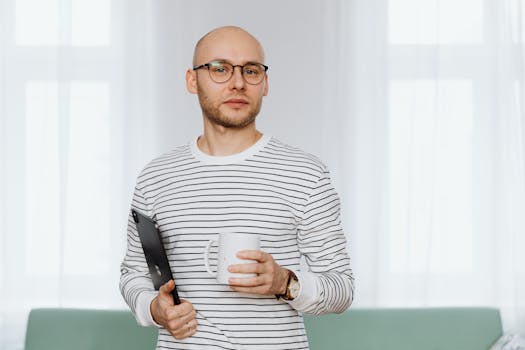 Portrait of a bald man with glasses holding a tablet and mug, wearing a striped shirt indoors.