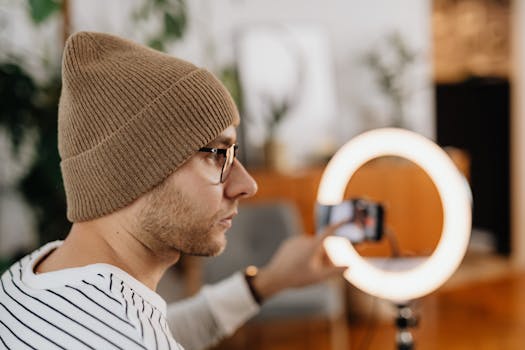 Man wearing a knitted cap uses a smartphone and ring light for video recording indoors.