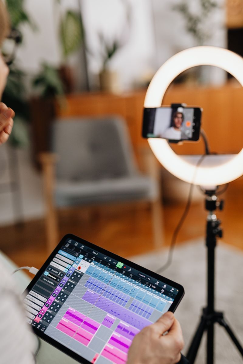 A content creator editing a short-form mobile video on a smartphone in a modern studio with ring light and colorful background