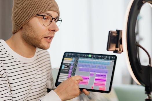 Young man composing music using a tablet and ring light indoors.