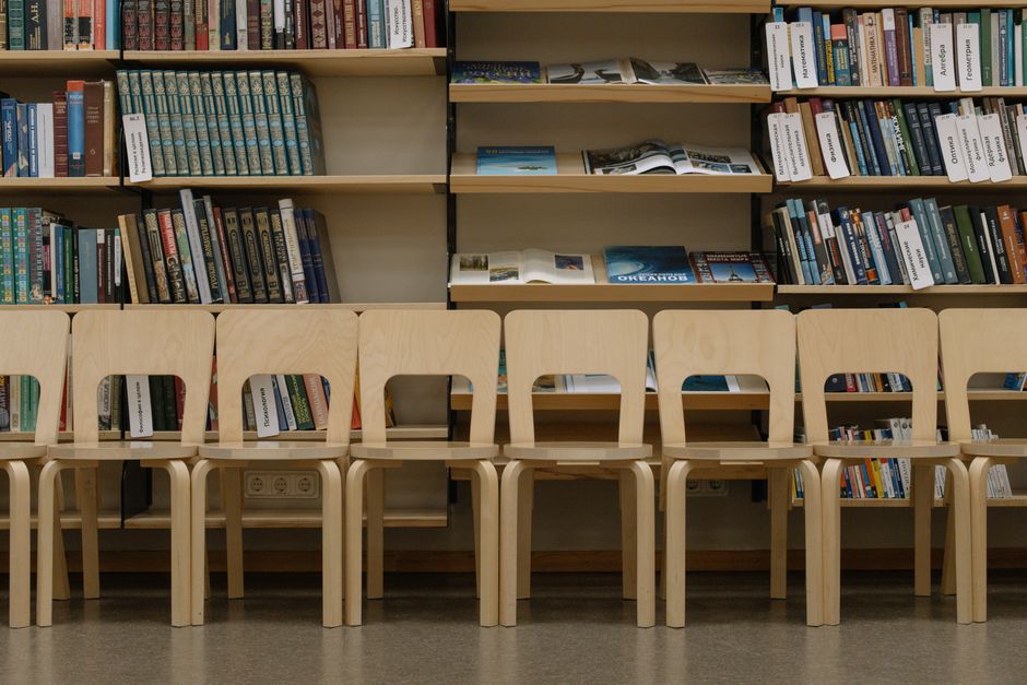 FSC-certified birch plywood shelving and seating in a library - non toxic library seating FSC-certified birch plywood shelving and seating in a library - non toxic library seating