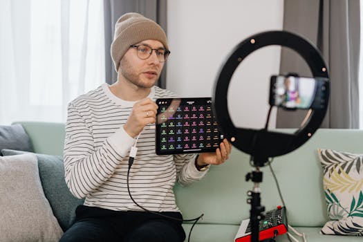 Adult man wearing a beanie records a tech review vlog indoors using a smartphone and ring light.