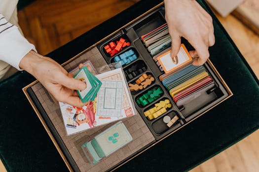 Close-up of hands holding cards in a colorful board game setup, showcasing strategy play.