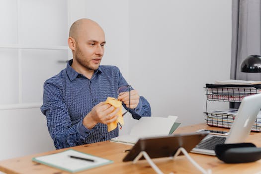 Bald man cleaning eyeglasses while working at an office desk.