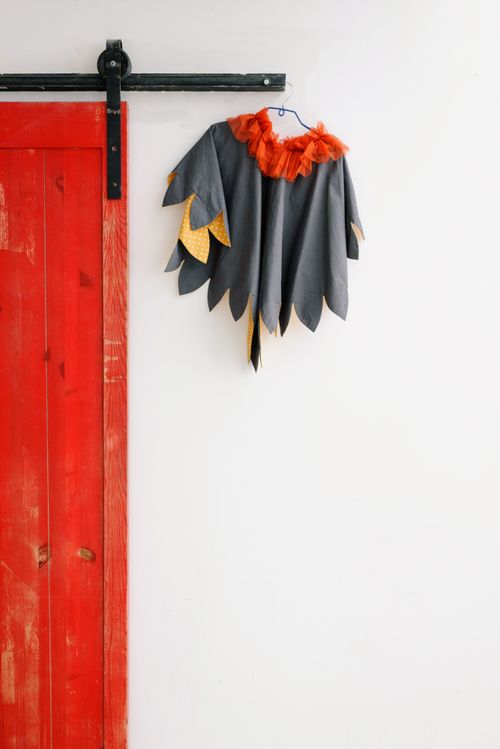 Free A vibrant costume hangs on a striking red wooden door, creating a bold contrast with a white wall. Stock Photo