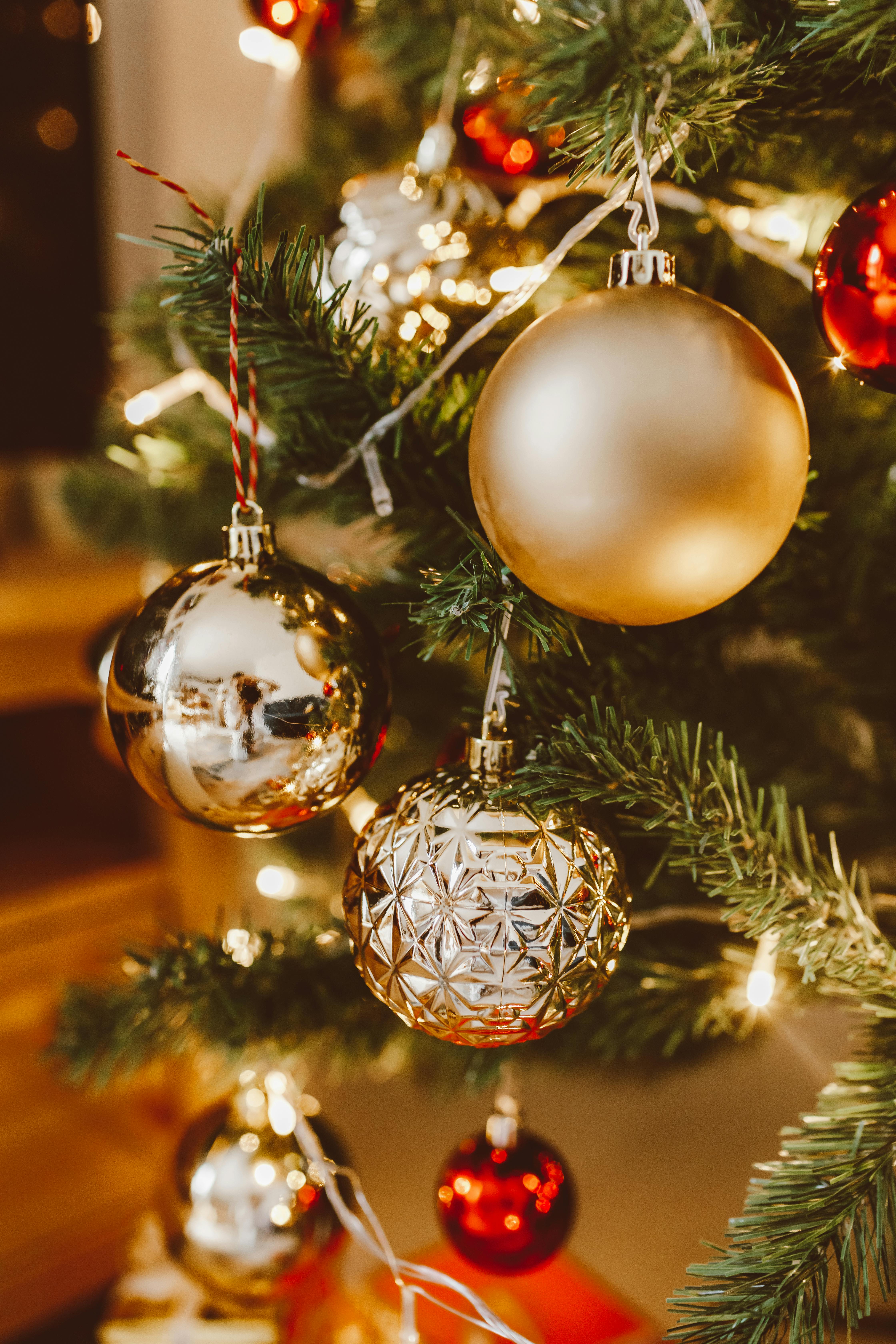 christmas balls hanging on a christmas tree