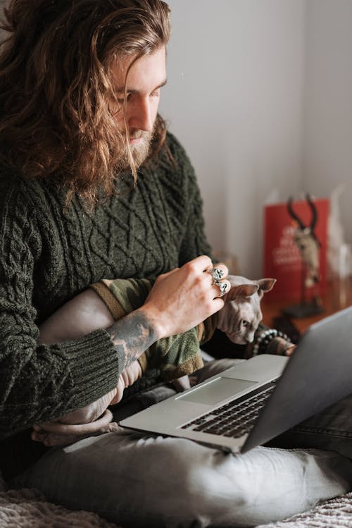 Crop unshaven male caressing adorable Sphynx cat while browsing internet on netbook in bedroom at home