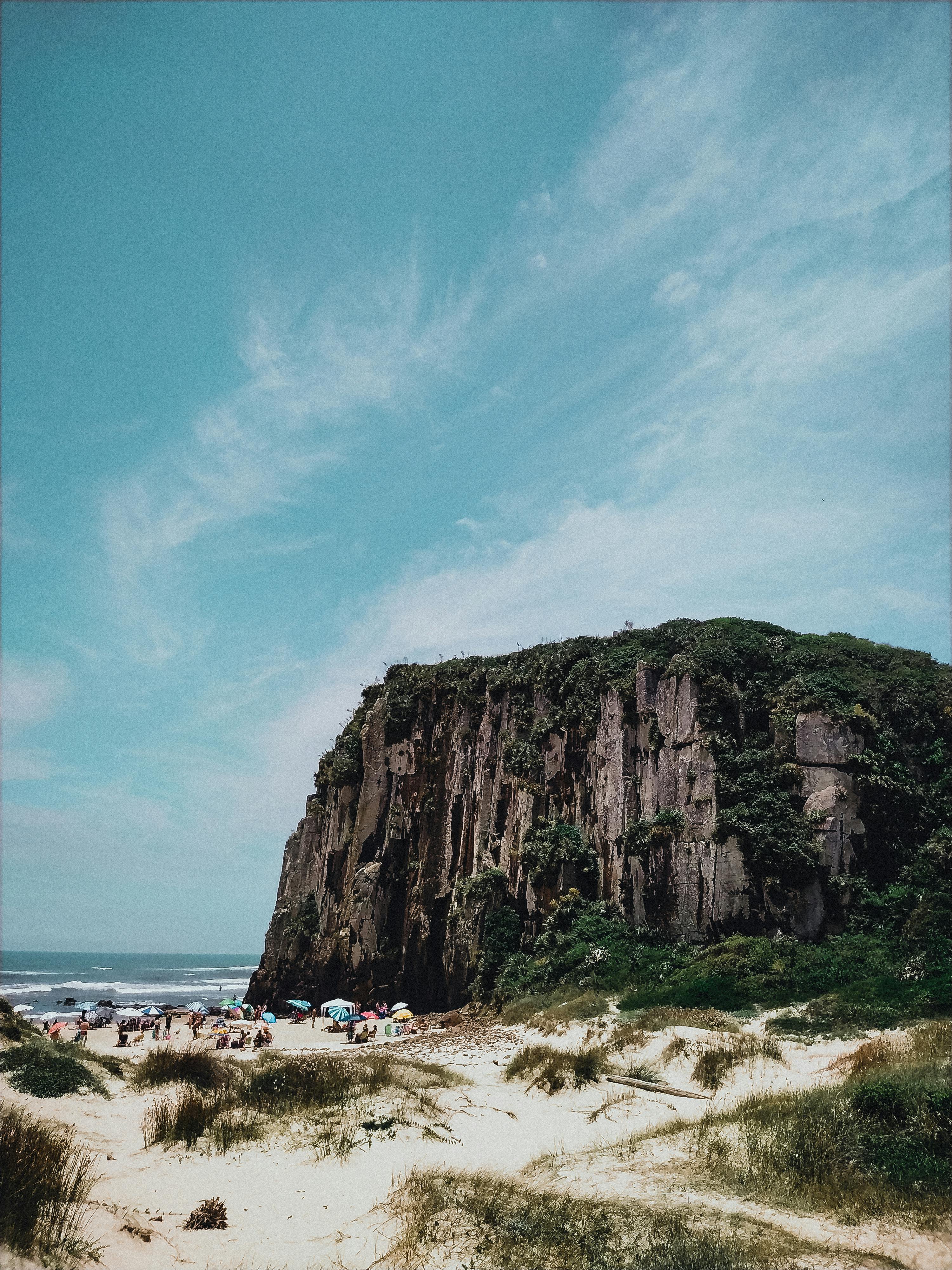 Picturesque scenery of rough rocky cliff with green plants and moss near wavy sea in sunny day