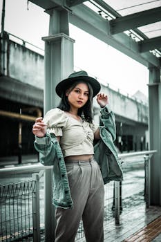 Asian woman posing confidently outdoors in casual attire, stylish hat, rainy day.
