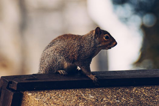 A gray squirrel perched on a wooden plank with a blurred natural background, captured outdoors.