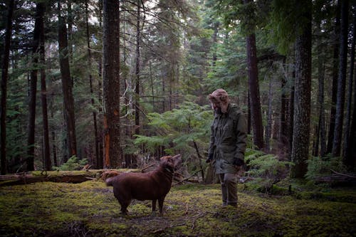 Man Standing in Forest with a Dog