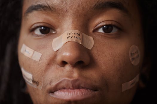 Close-up of a woman with empowering messages written on facial bandages.